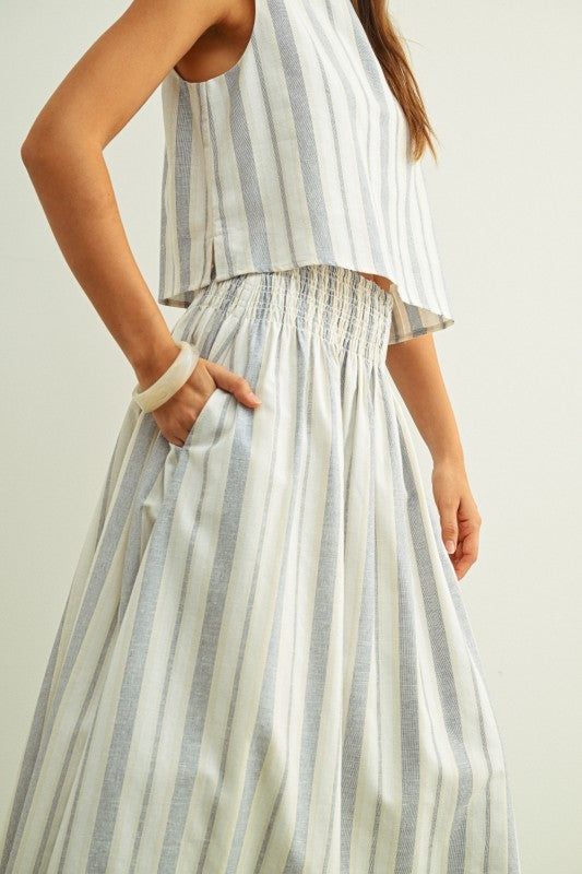 Starla Striped Crop Top a sleeveless crop top with blue and oatmeal vertical stripe at boltranchstore.com