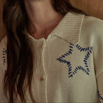 Starry Knit Sweater Cardigan cream-colored knit cardigan sweater with a pointed collar and dark blue star embroidery bolt ranch store