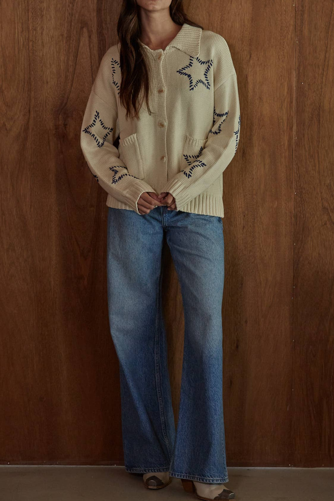 Starry Knit Sweater Cardigan cream-colored knit cardigan sweater with a pointed collar and dark blue star embroidery bolt ranch store