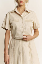 Stella Lace Trim Shirt boxy button down lace trim pocket shirt womens top summer free shipping at Boltranchstore.com