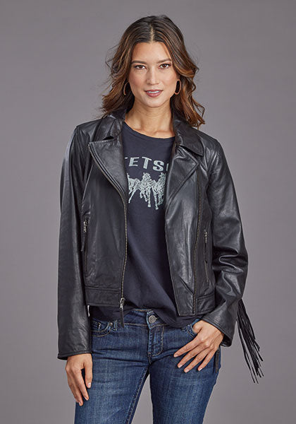 Stetson Womens Smooth Leather Fringe Moto Style Jkt