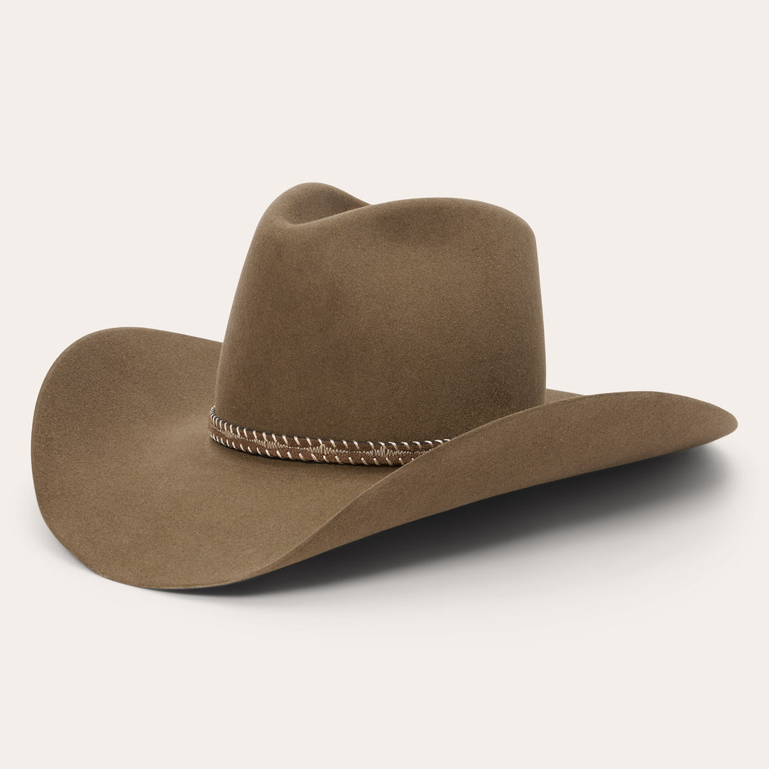 Stetson 6X Acoustic Pinch Front Cowboy Hat in driftwood brown with a stetson hat band and closure available at boltranchstore.com