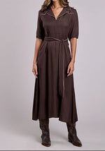 Stetson Brown Rayon Crepe Dress with waist tie collared v neck and half sleeves available at boltranchstore.com