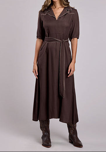 Stetson Brown Rayon Crepe Dress with waist tie collared v neck and half sleeves available at boltranchstore.com