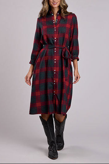 Stetson Buffalo Plaid Dress full button up dress with three quarter sleeves in a midi dress perfect with boots and hats at boltranchstore.com