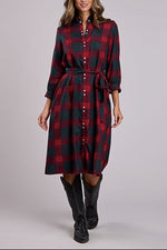 Stetson Buffalo Plaid Dress full button up dress with three quarter sleeves in a midi dress perfect with boots and hats at boltranchstore.com
