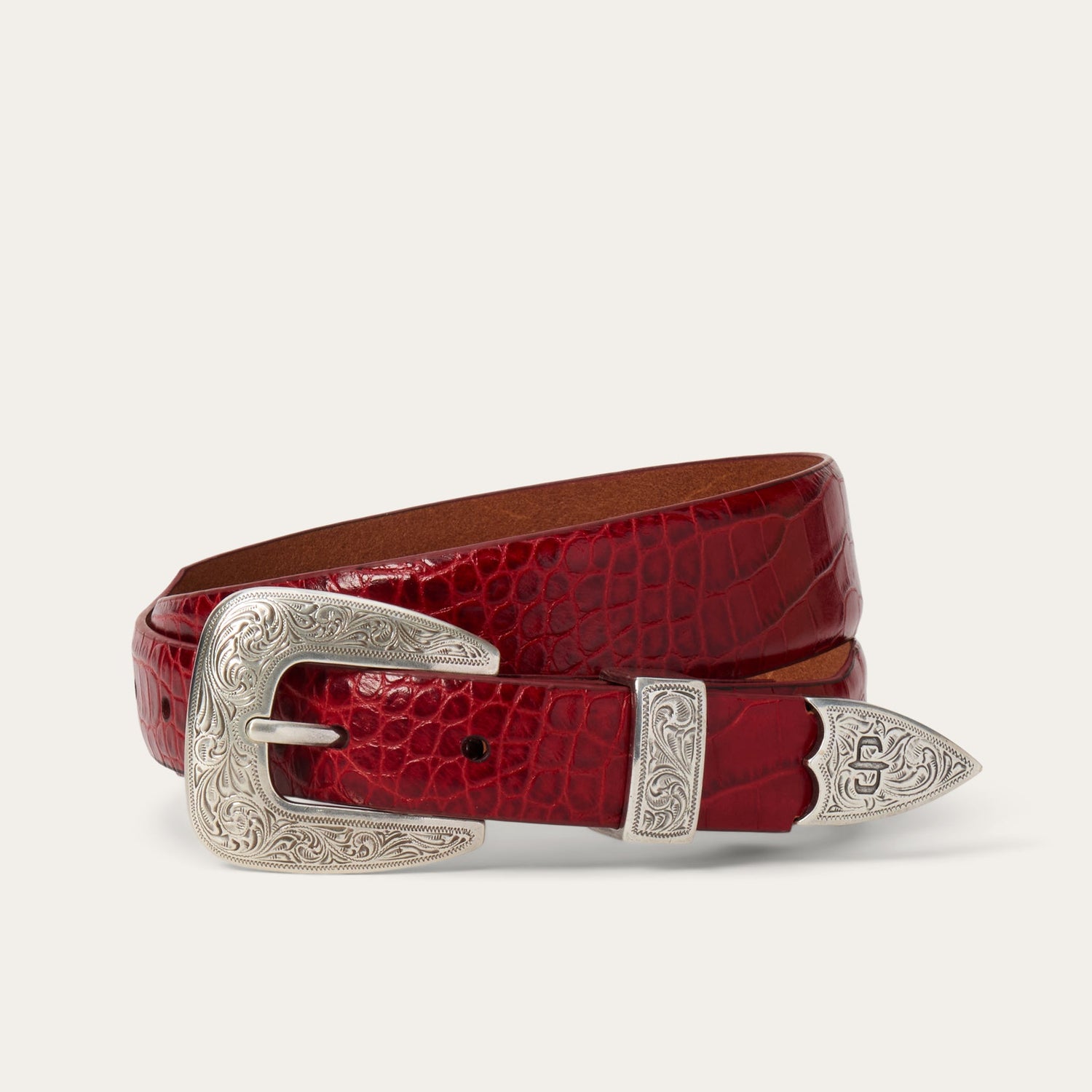 Red crocodile-patterned belt with silver buckle Stetson Croco Print Tapered Red Belt at boltranchstore.com free shipping womens red belt get today in stock 