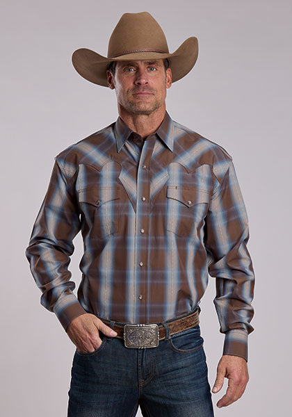 Stetson Mens Chocolate Dobby Plaid Shirt western wear snap shirt bolt ranch store