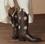 Stetson & THE GREAT Floral Cowboy Boot in Brown Floral a full leather dark brown boots with floral designs in a snip toe at boltranchstore.com