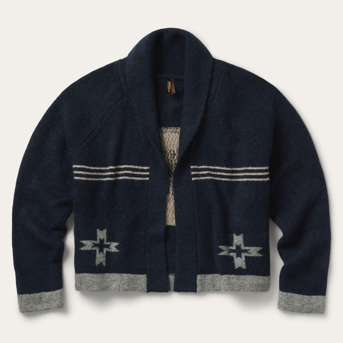 Western Rider Shawl Cardigan navy knit western cardigan with retro cowgirl design on back womens western boutique Utah SKU 1102705397033BU Stetson Western Rider Shawl Cardigan