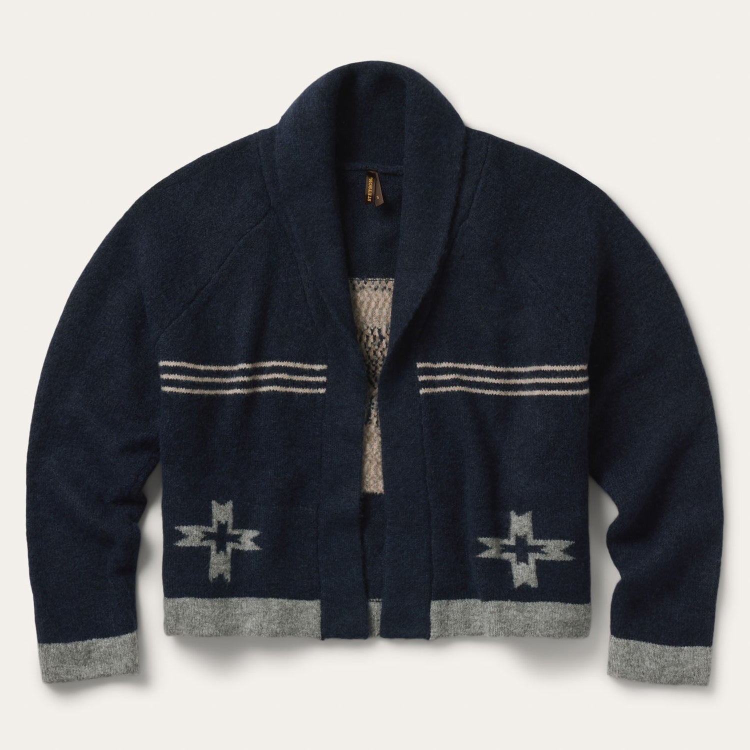 Western Rider Shawl Cardigan navy knit western cardigan with retro cowgirl design on back womens western boutique Utah SKU 1102705397033BU Stetson Western Rider Shawl Cardigan