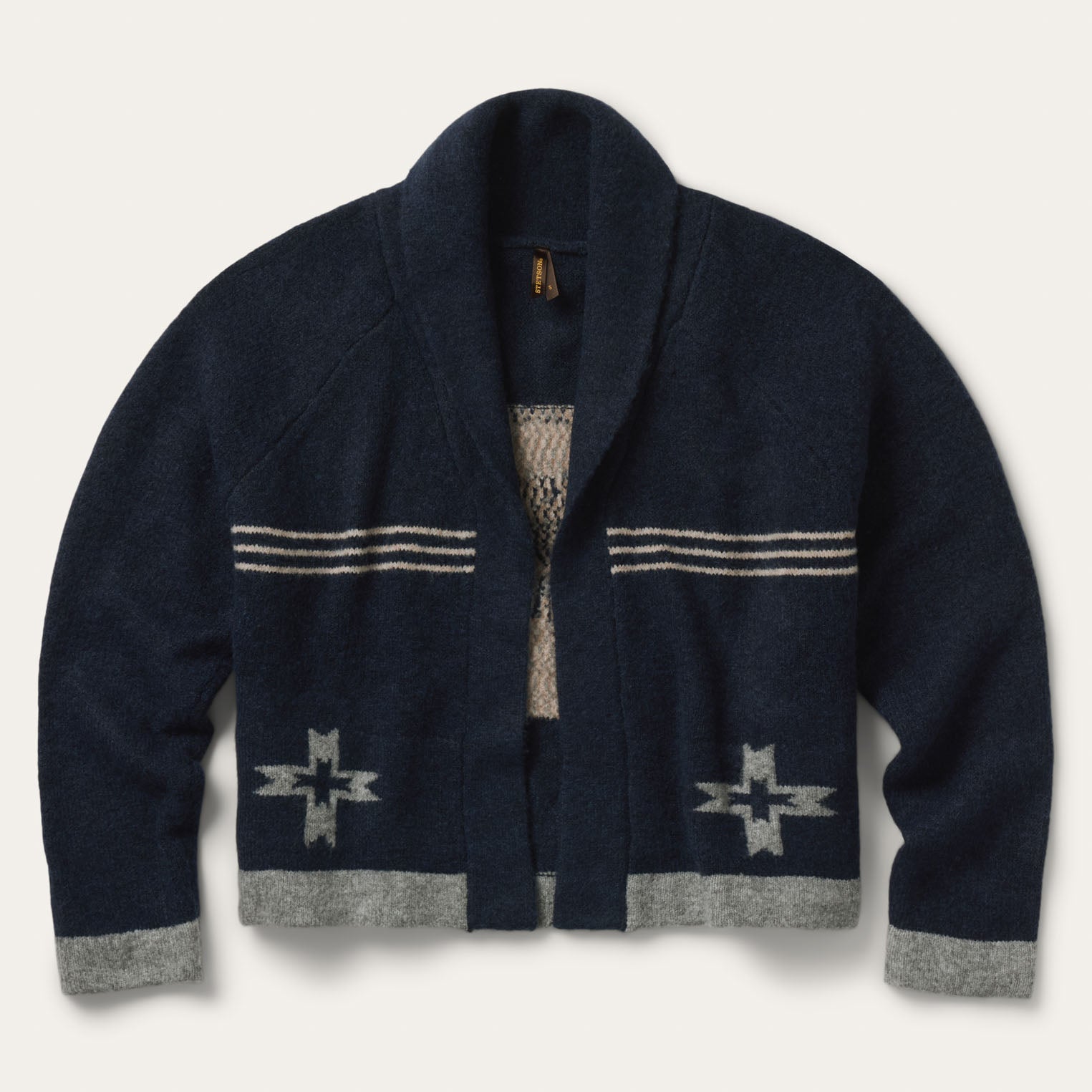 Western Rider Shawl Cardigan navy knit western cardigan with retro cowgirl design on back womens western boutique Utah SKU 1102705397033BU Stetson Western Rider Shawl Cardigan