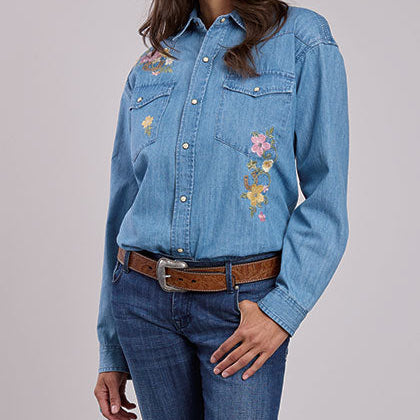 Stetson Womens Floral Denim Shirt shop at boltranchstore.com western wear free shipping
