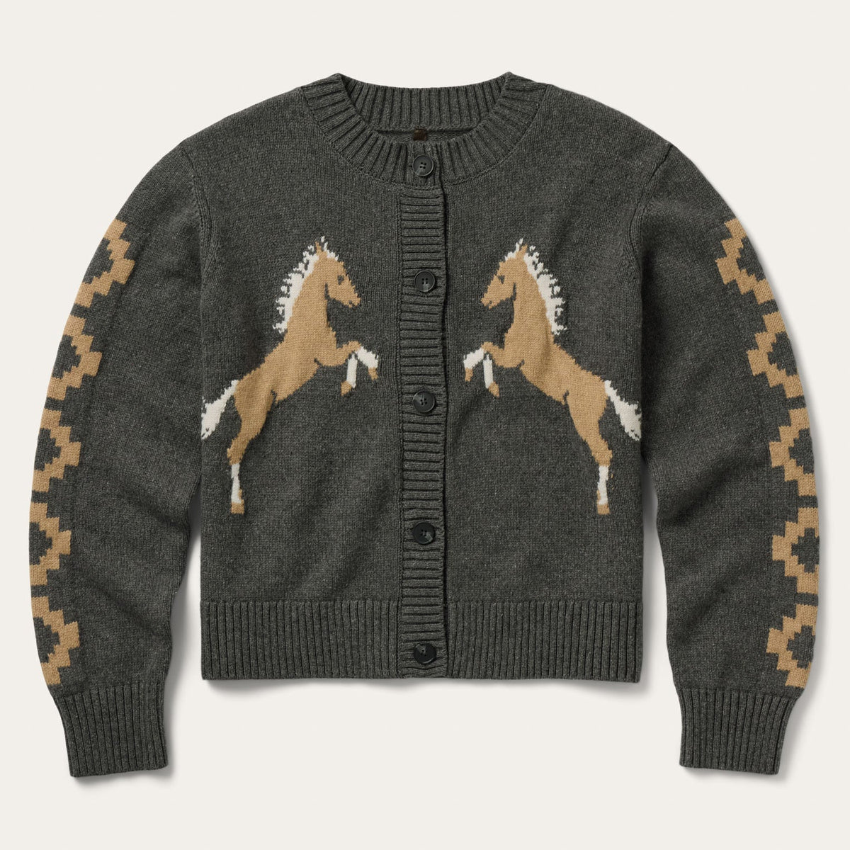 Horse Cardigan charcoal cotton and wool blend western cardigan with mirrored horse design on front womens western boutique Utah SKU 11-027-0539-7034-GY Stetson Womens Horse Cardigan