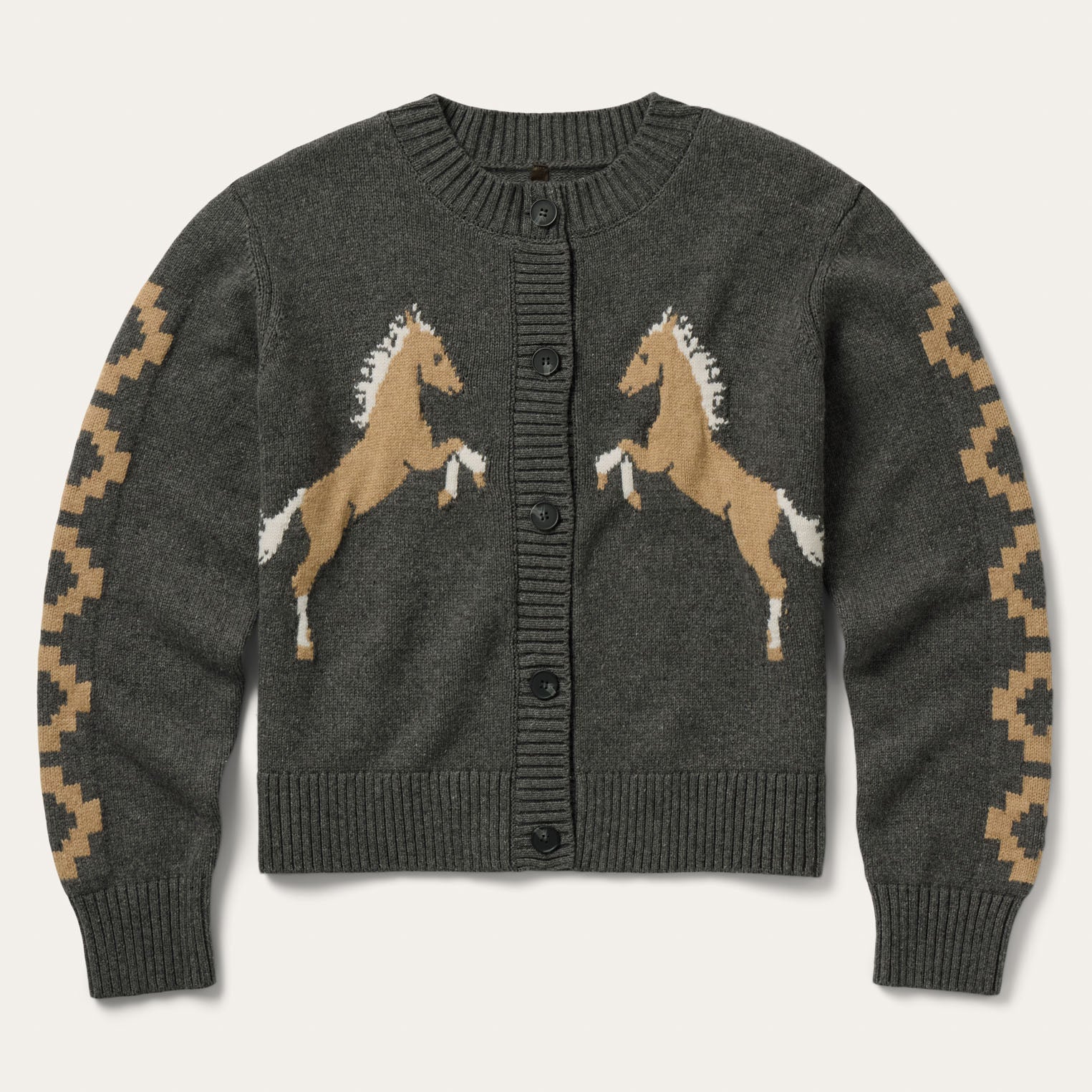Horse Cardigan charcoal cotton and wool blend western cardigan with mirrored horse design on front womens western boutique Utah SKU 11-027-0539-7034-GY Stetson Womens Horse Cardigan