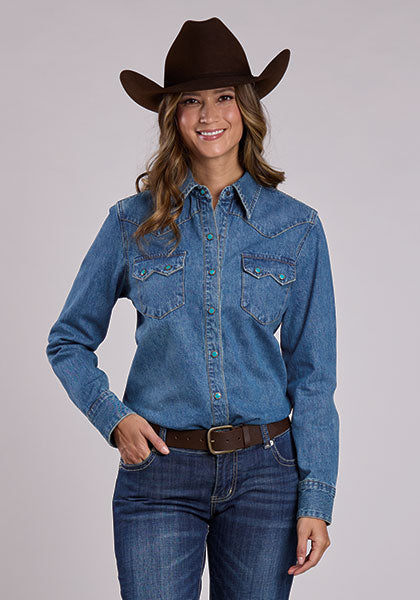 Stetson Womens Turquoise Snap Denim Shirt with hexagon snaps double yoke pockets available at boltranchstore.com