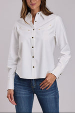 Stetson Womens White Denim Blouse a snap up front with two smile pockets on the front and one western yoke back at boltranchstore.com