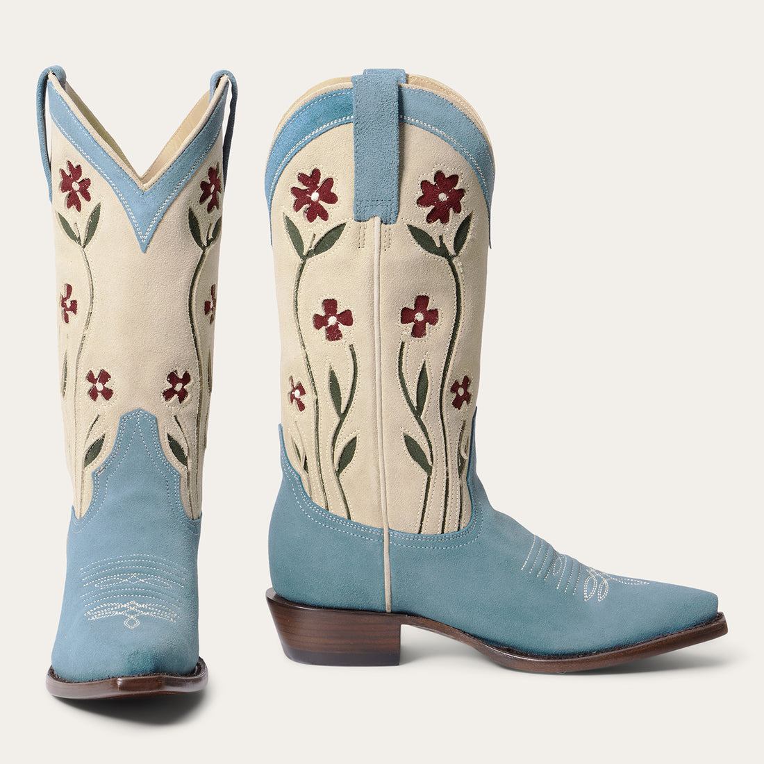 Stetson and THE GREAT Suede Floral Cowboy Boot in Washed Indigo in a blue and beige with red flowers in a snip toe at boltranchstore.com