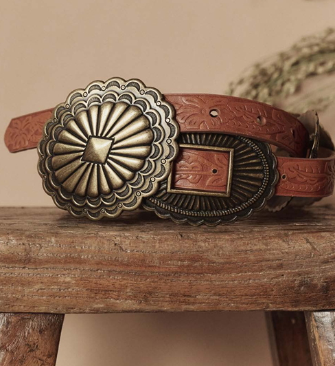 Stetson x The Great Tooled Leather Concho Belt in Cognac with Brass womens dress waist belt Boltranchstore.com New collaboration buy now The Great clothing brand and stetson western