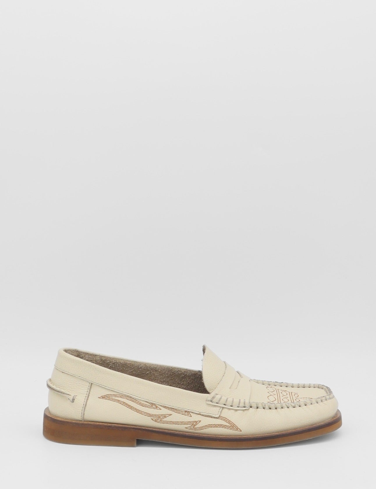 Stivali Monaco Ivory Leather Loafers embroidered with the western boot in a ivory cream loafer at boltranchstore.com