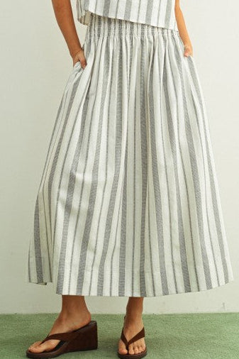 Straleen Smocked Long Skirt a black and oatmeal linen blend skirt with a smocked top at boltranchstore.com free shipping