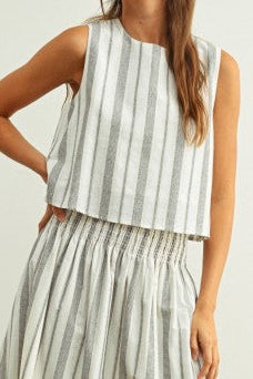 Straleen Striped Crop Top a sleeveless crop top in a black and Oatmeal vertical stripe top at boltranchstore.com