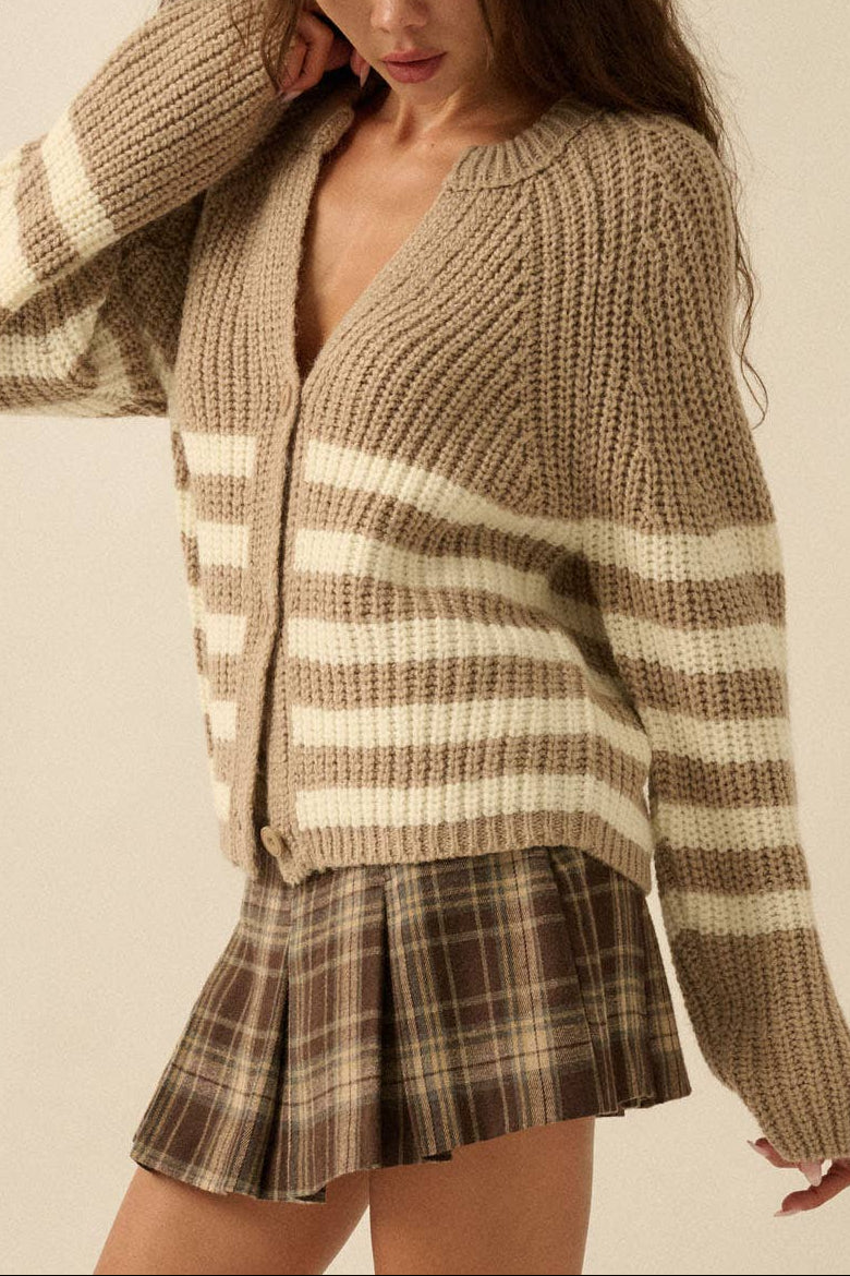 Striped Ribbed Knit Cardigan Sweater womens tan cream brown fall cardigan sweater Boltranchstore.com