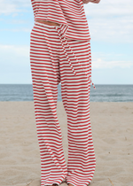 Striped Waffle Thermal Pants with a waffle cotton fabric and red and white horizontal stripes waist drawstring 