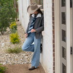 Fringe Scarves Boli Preppy Buck Navy Light Blue looped through belt loops as a western belt ranch wear