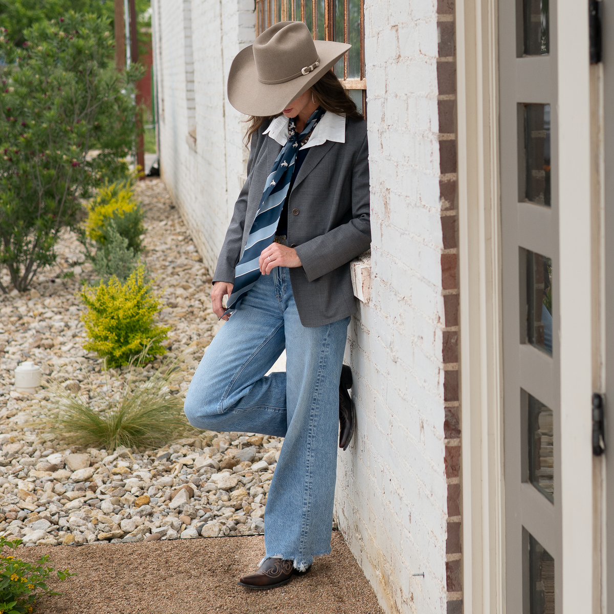 Fringe Scarves Boli Preppy Buck Navy Light Blue looped through belt loops as a western belt ranch wear