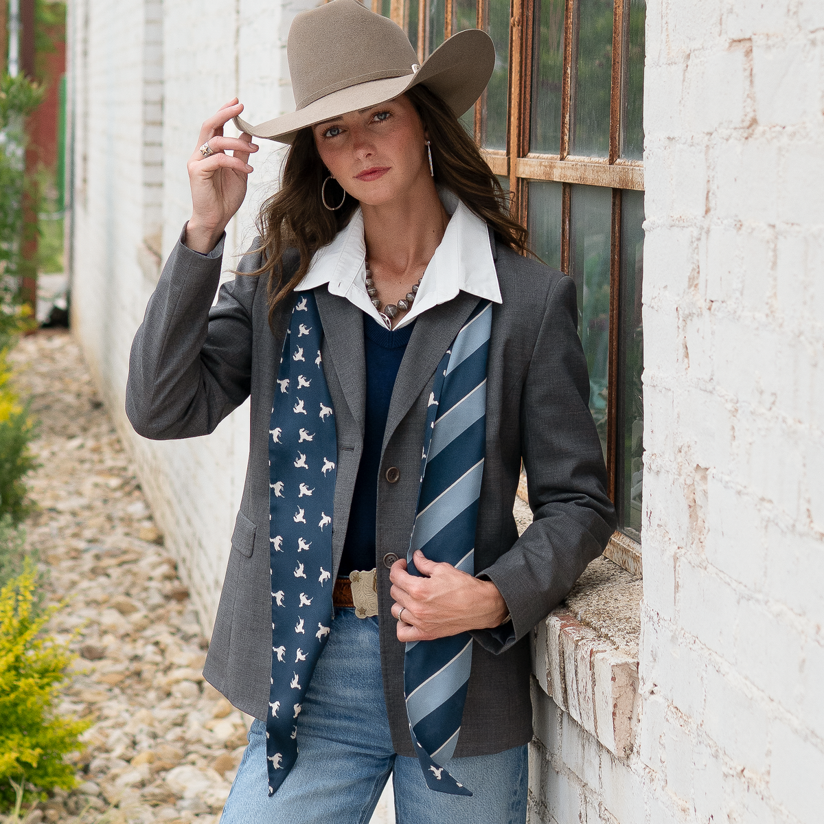 Fringe Scarves Boli Preppy Buck Navy Light Blue worn as a long necktie with a button down shirt cowgirl