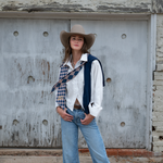 Fringe Scarves Boli Gettin Western Navy Plaid tied on a handbag as a bag accent Kamas