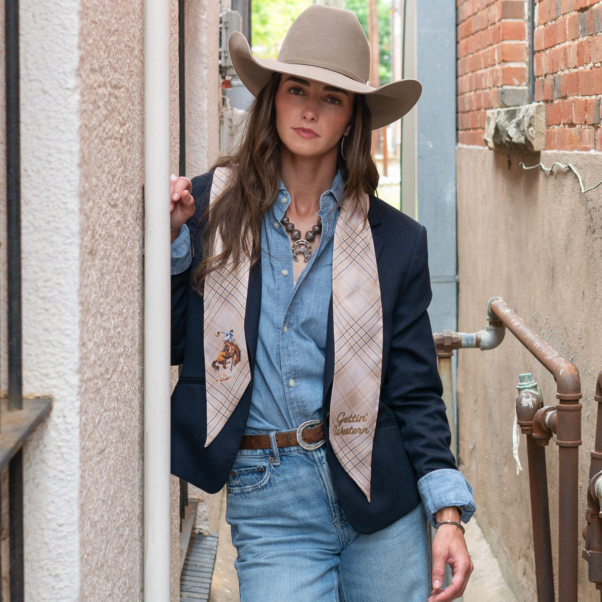 Fringe Scarves Boli Gettin Western Tan Blue Plaid draped loose around the neck for an easy everyday look womens western boutique Utah