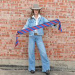 Fringe Scarves Boli Preppy Saddle Red Blue looped through belt loops as a western belt ranch wear