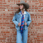 Fringe Scarves Boli Preppy Saddle Red Blue Fringe logo centered on one side only western fashion Utah