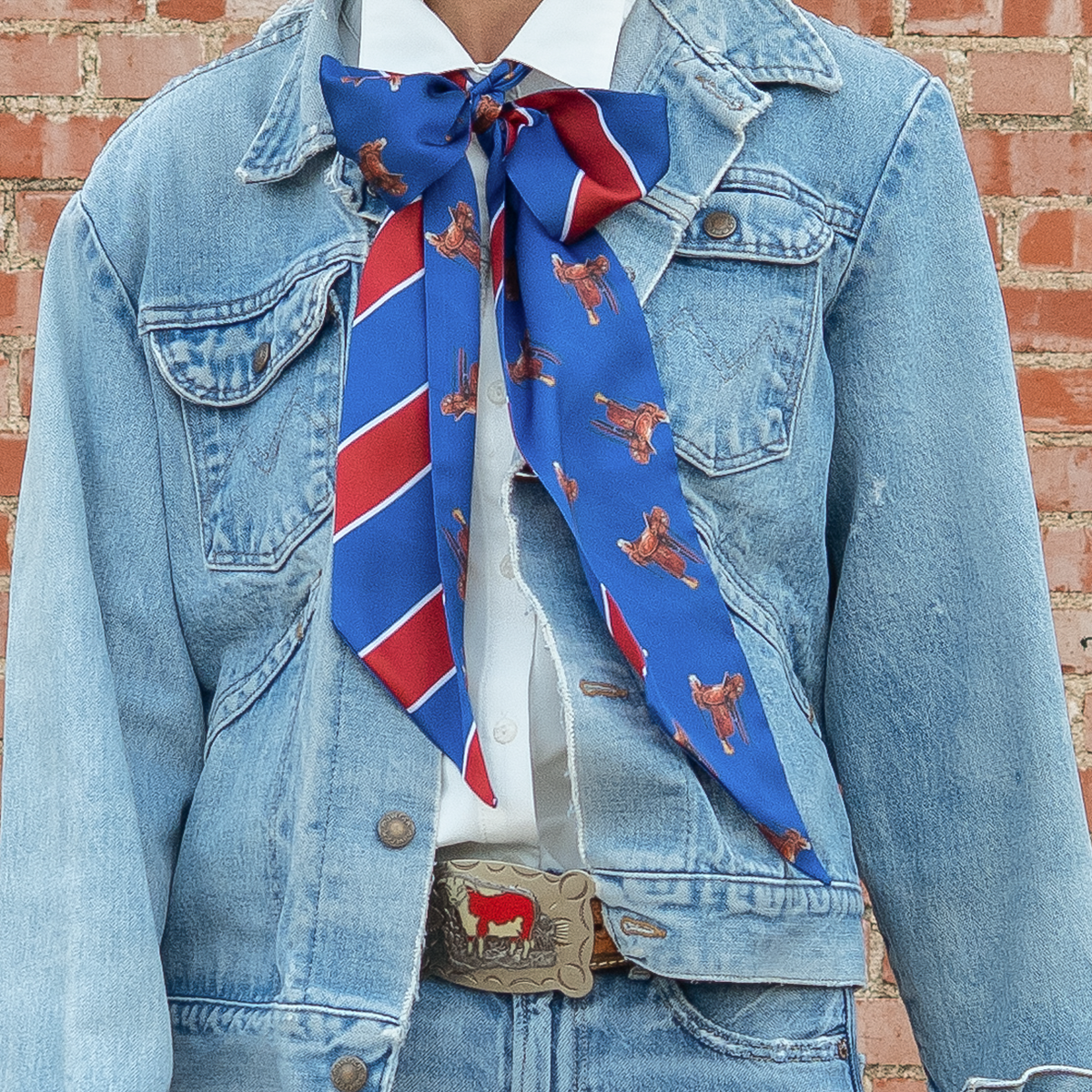 Fringe Scarves Boli Preppy Saddle Red Blue blue ground with red stripes and saddle print womens western boutique Utah SKU BOLIPRSDRDBL26103