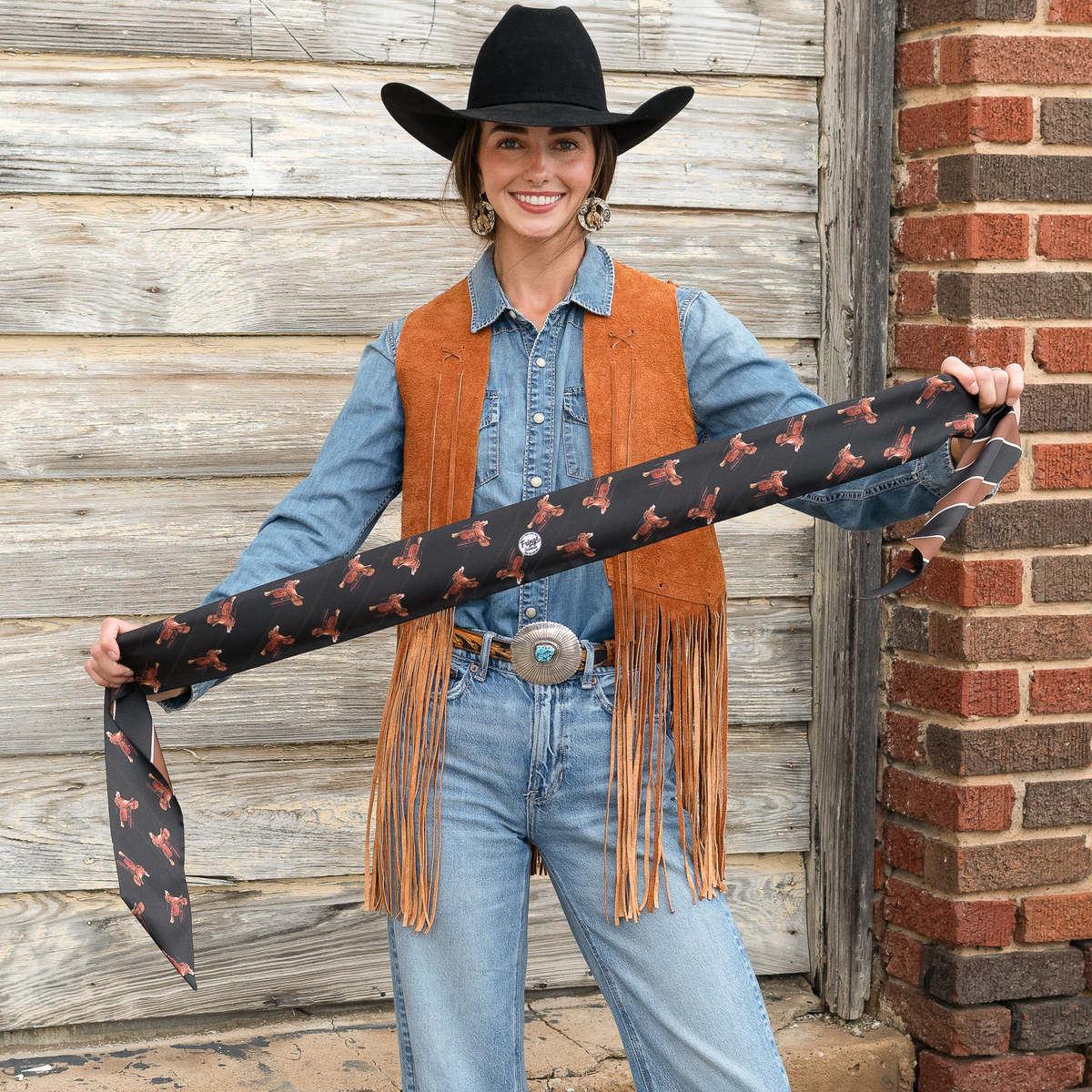 Fringe Scarves Boli Preppy Saddle Black Brown Fringe logo centered on one side only western fashion Utah