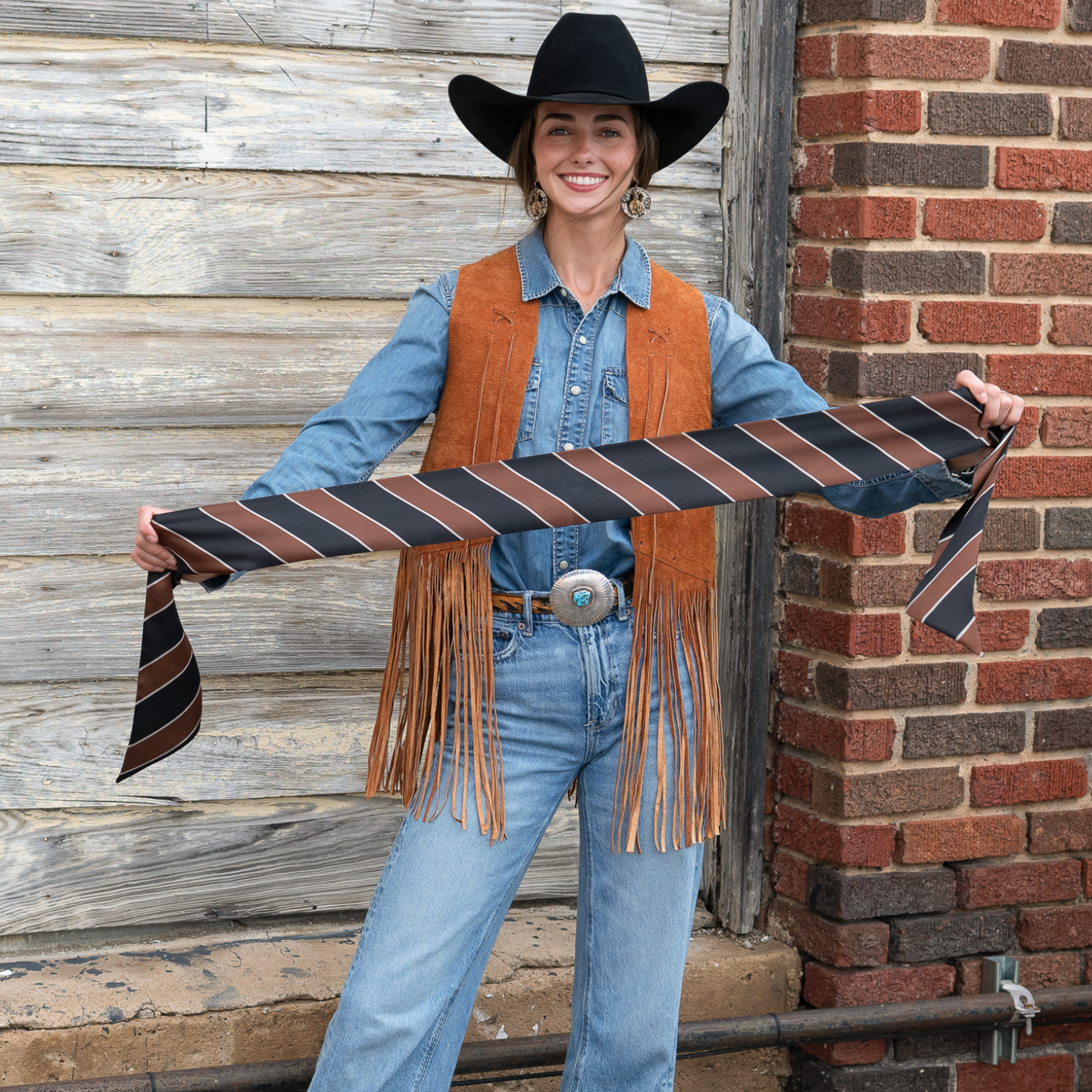 Fringe Scarves Boli Preppy Saddle Black Brown looped through belt loops as a western belt ranch wear