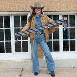 Fringe Scarves Boli Preppy Saddle Blue Brown looped through belt loops as a western belt ranch wear
