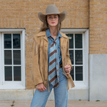 Fringe Scarves Boli Preppy Saddle Blue Brown worn as a long necktie with a button down shirt cowgirl