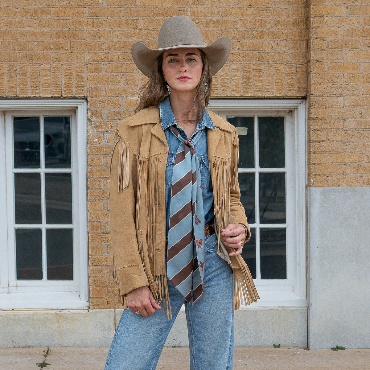Fringe Scarves Boli Preppy Saddle Blue Brown worn as a long necktie with a button down shirt cowgirl