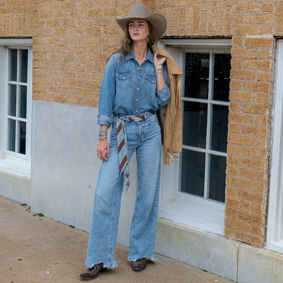 Fringe Scarves Boli Preppy Saddle Blue Brown tied in the hair as a hair accessory western clothing Utah
