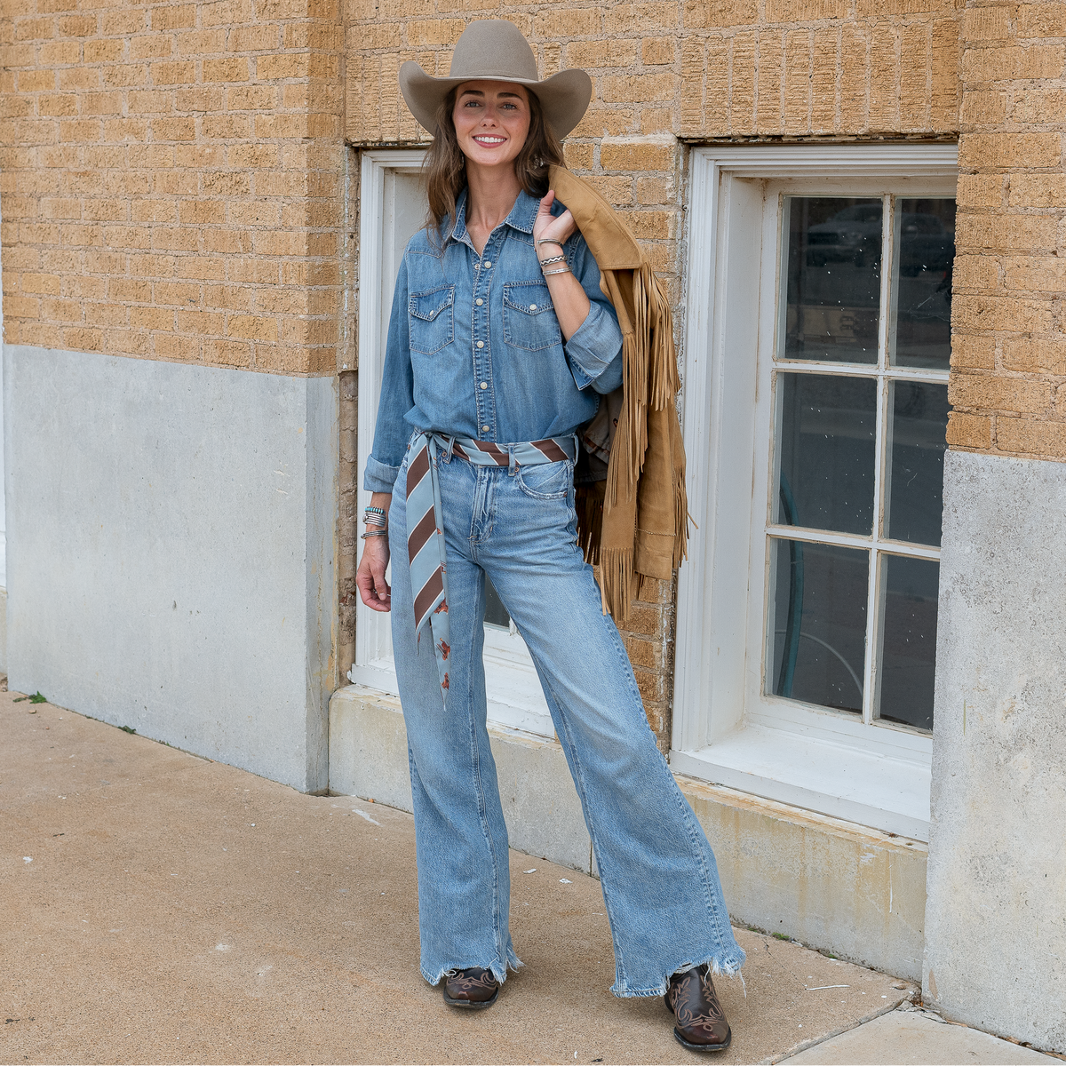 Fringe Scarves Boli Preppy Saddle Blue Brown tied on a handbag as a bag accent Kamas