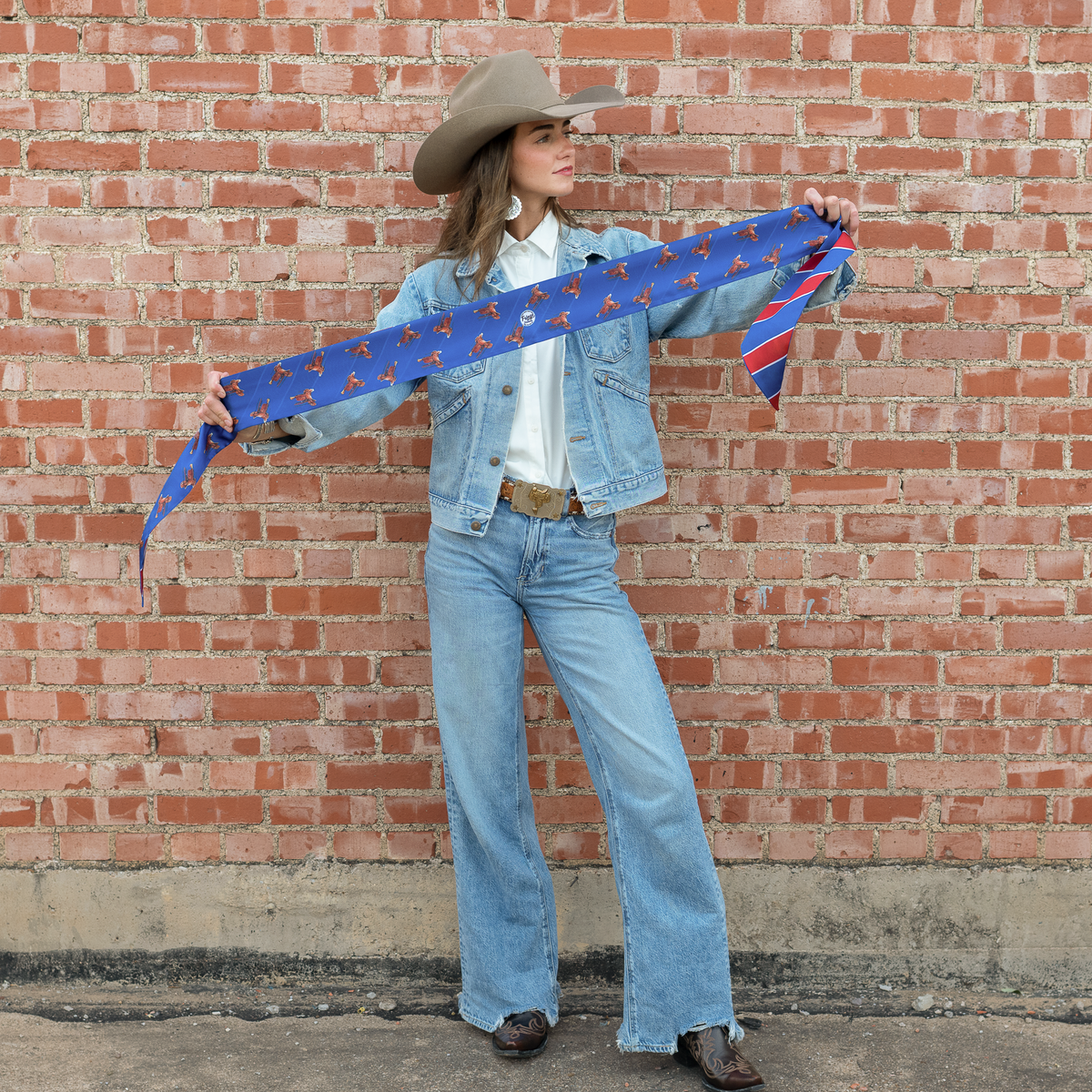 Fringe Scarves Boli Preppy Saddle Red Blue tied as an oversized bow at the collar western fashion