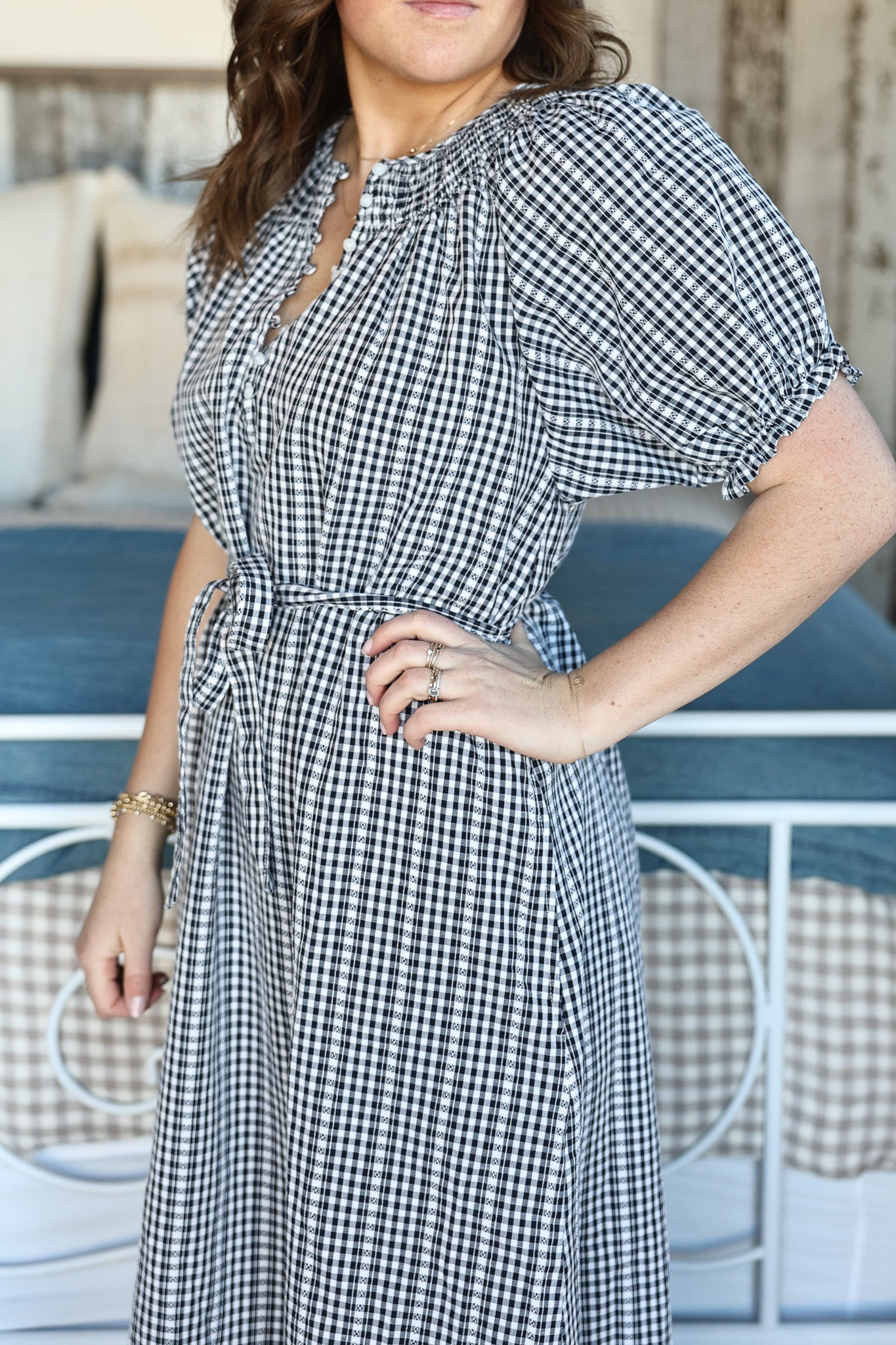 Summer Gingham Puff Sleeve Midi Dress womens blue plaid farm style tie waist casual western dress with pockets women free shipping at BoltRanchStore.com
