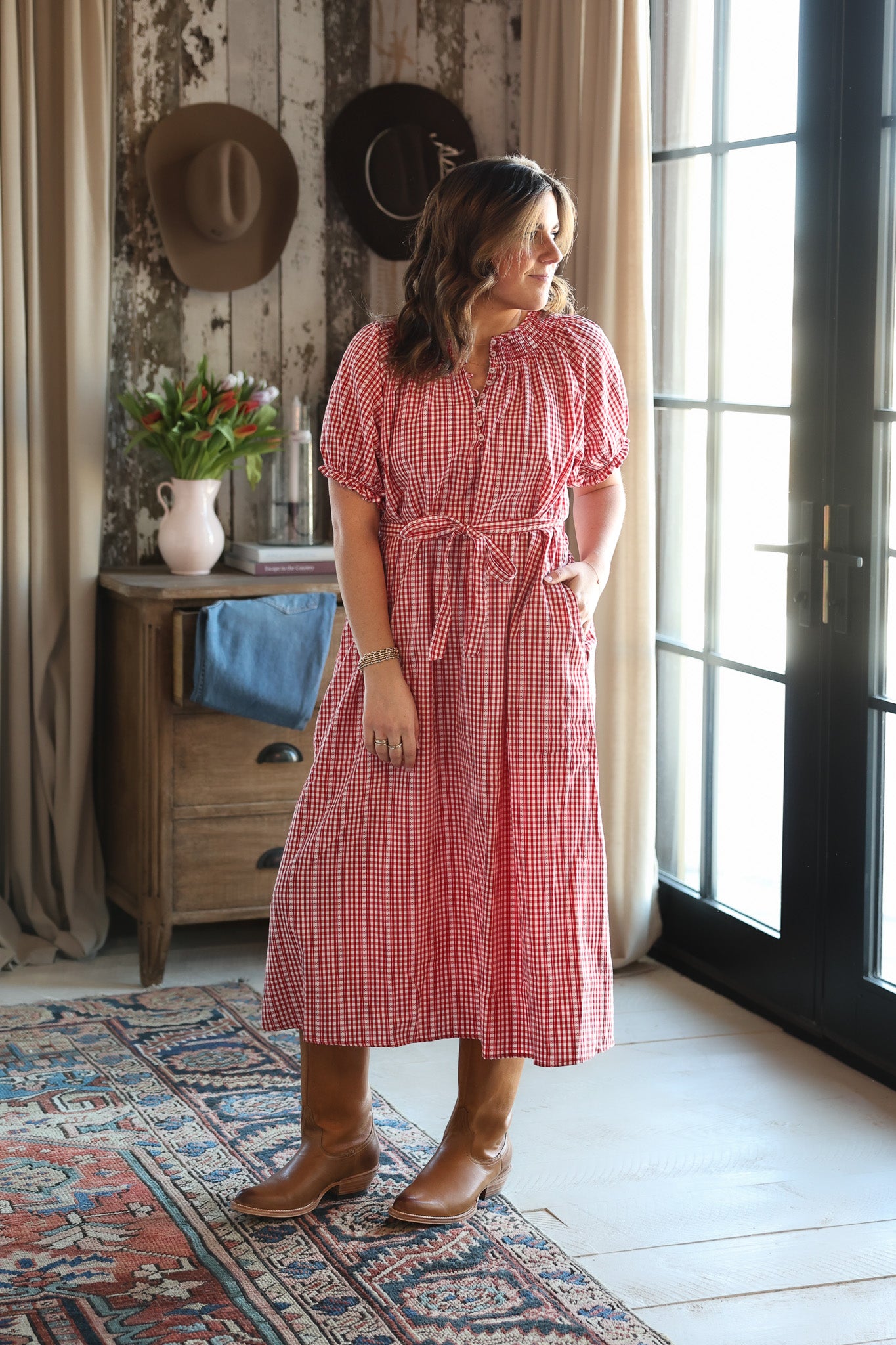 Summer Gingham Puff Sleeve Midi Dress womens red plaid farm style tie waist casual western dress with pockets women free shipping at BoltRanchStore.com