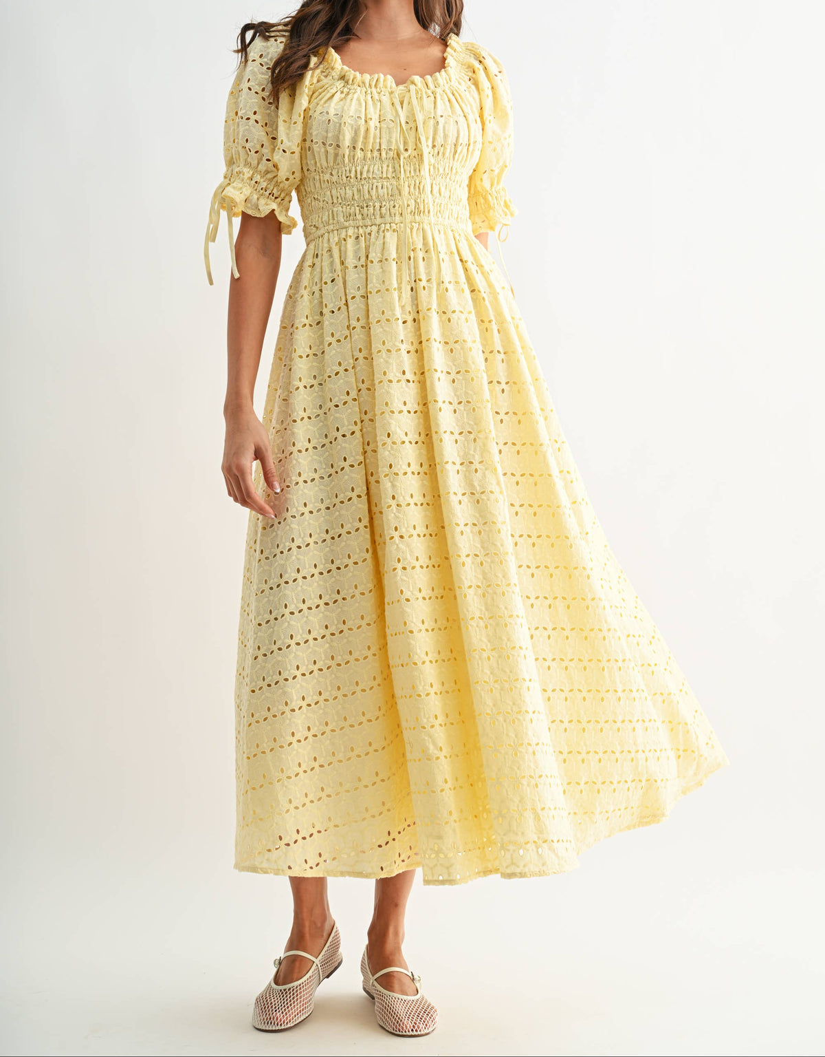 womens yellow summer Sunny Eyelet Maxi Dress shop at boltranchstore.com summer boutique