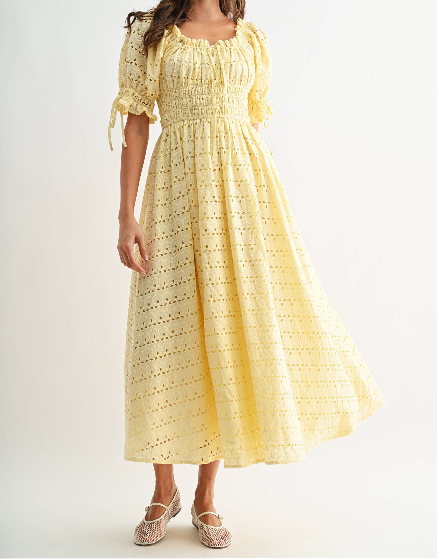 womens yellow summer Sunny Eyelet Maxi Dress shop at boltranchstore.com summer boutique