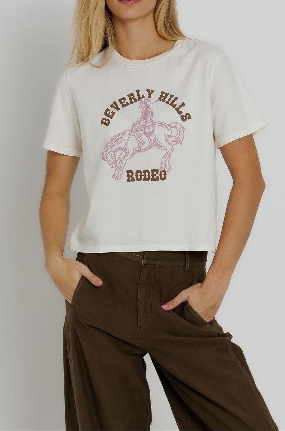 Sunny Somewhere Beverly Hills Rodeo Everyday Tee off white 100 percent cotton tee with warm brown arched rodeo graphic womens western boutique Utah SKU SS101OWBHR