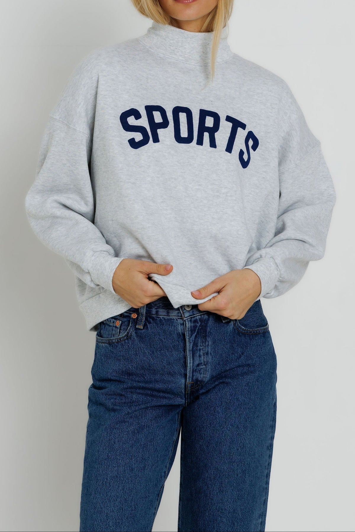 Sunny Somewhere Navy Sports Mockneck heather ash pullover sweatshirt with navy arched varsity SPORTS print womens western boutique Utah SKU SS204HASPO